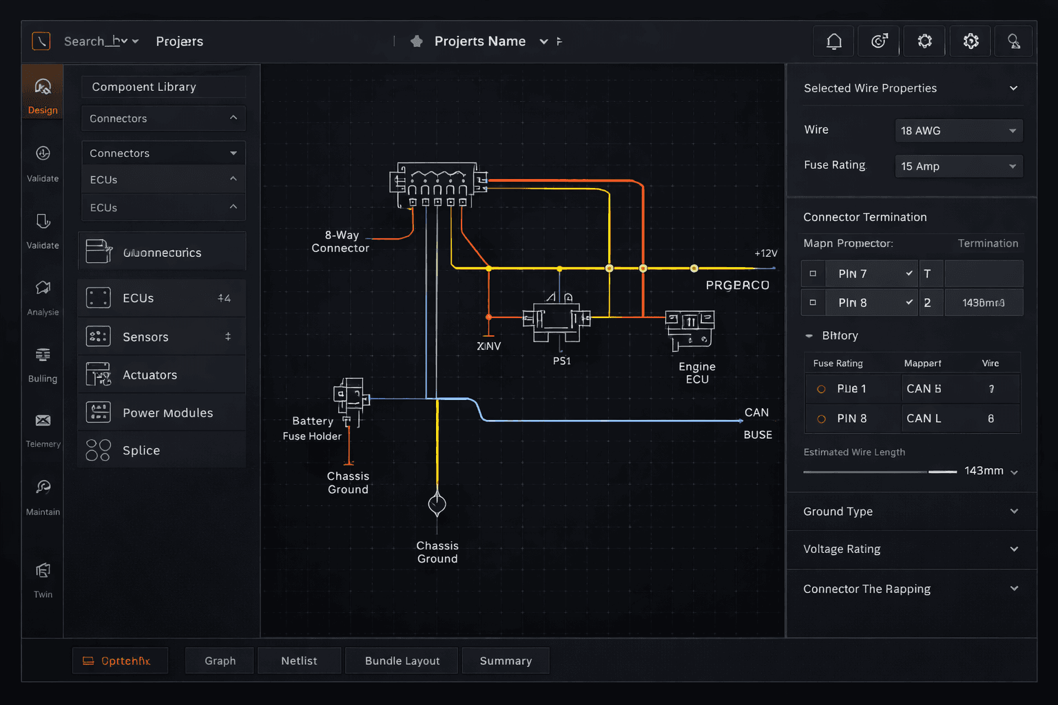 LoomLab design canvas showing electrical schematic with component library, wiring diagram, and wire properties panel