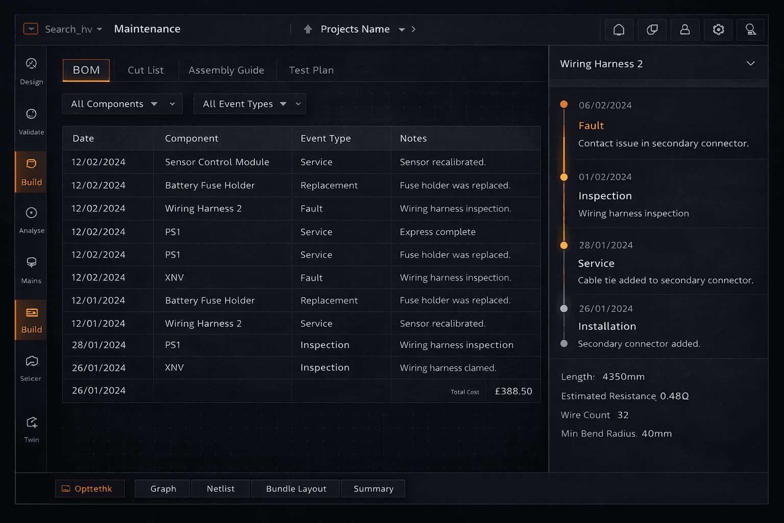 LoomLab maintenance event log with service history, fault tracking, and wiring harness detail panel showing length, resistance, and wire count