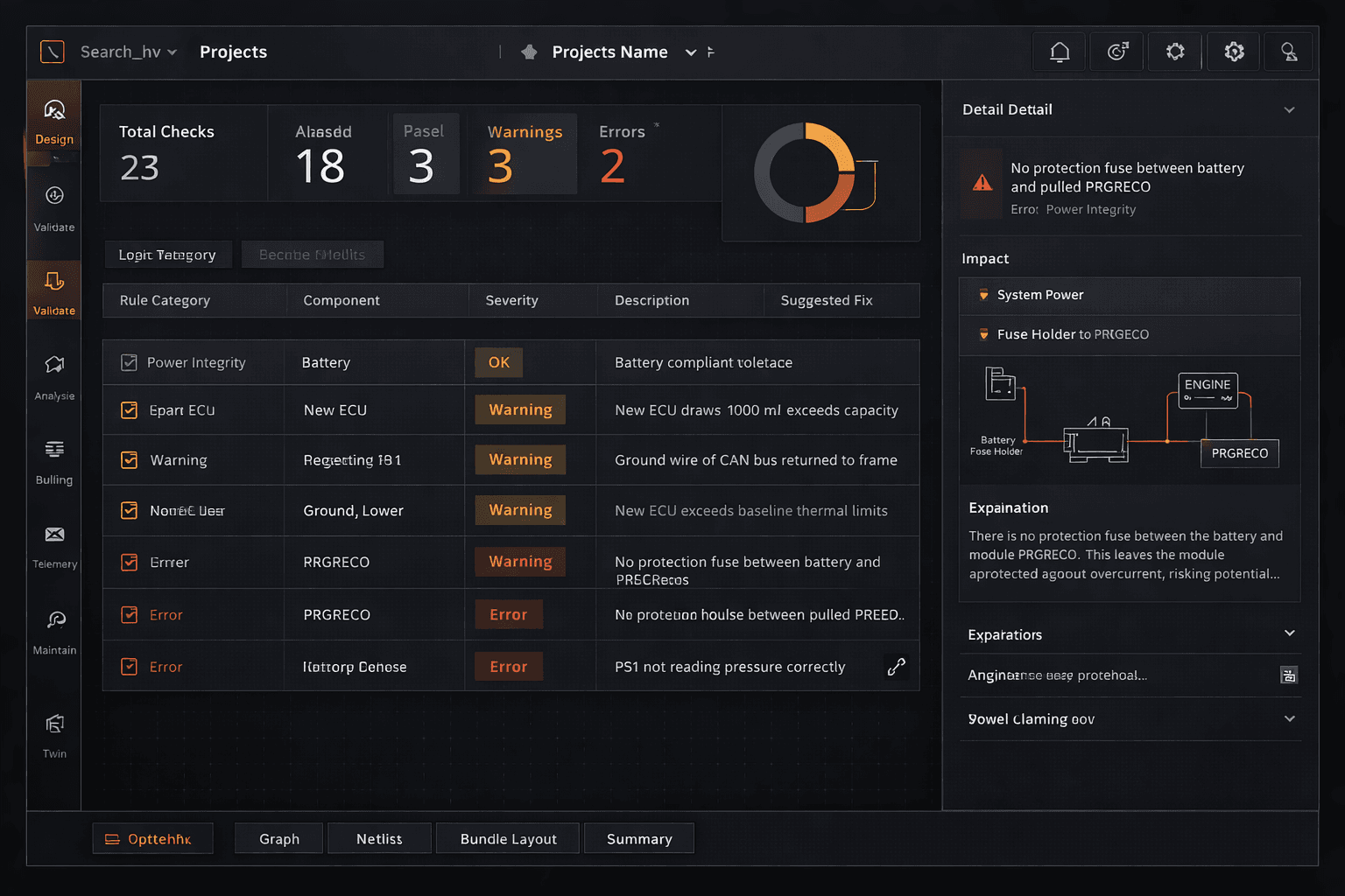 LoomLab validation dashboard showing 23 checks with warnings and errors, detail panel with circuit impact diagram and suggested fixes