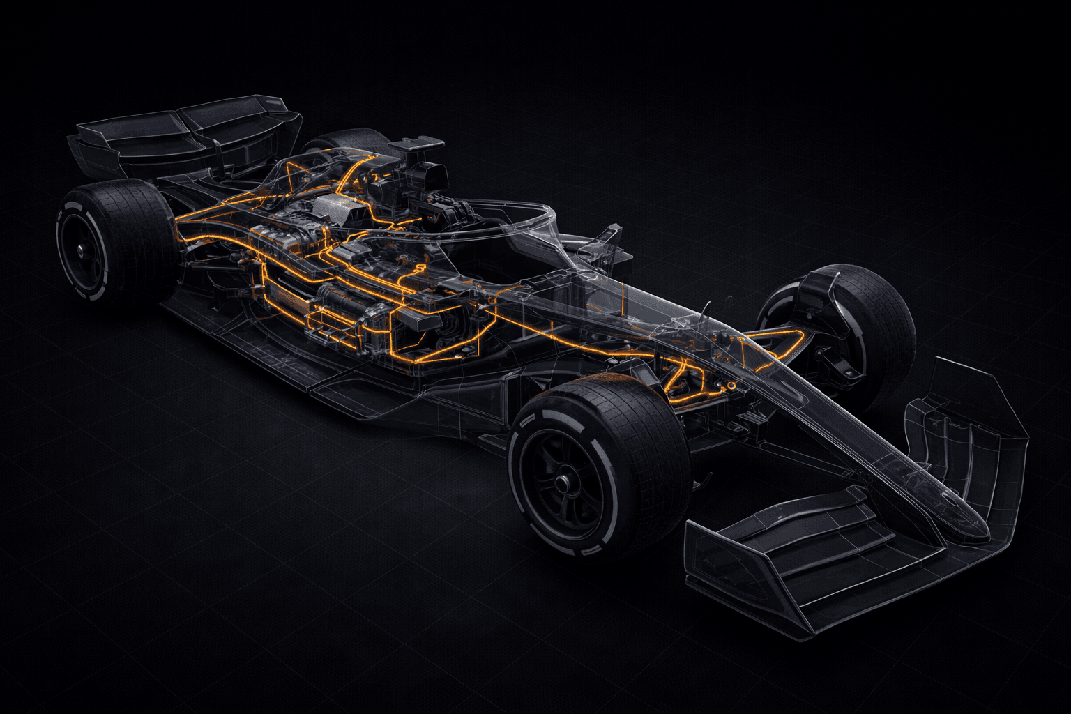 3D F1 car wireframe with orange wiring harness routing overlay highlighting connector positions and harness architecture