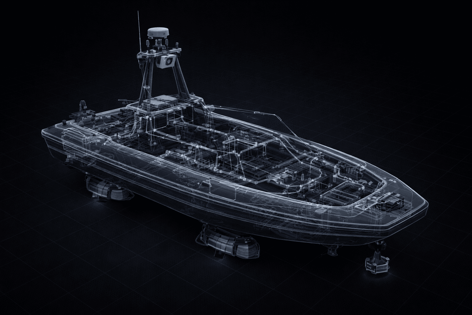 3D unmanned surface vessel wireframe showing base structure and electrical integration points